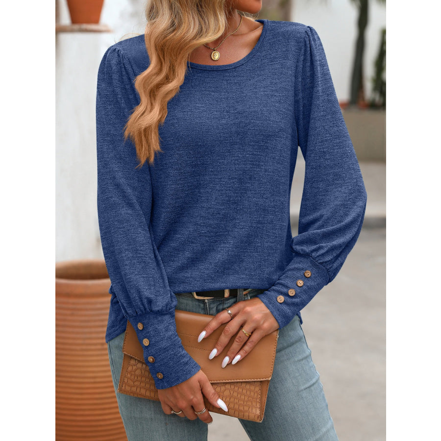 Decorative Button Round Neck Long Sleeve T-Shirt Apparel and Accessories