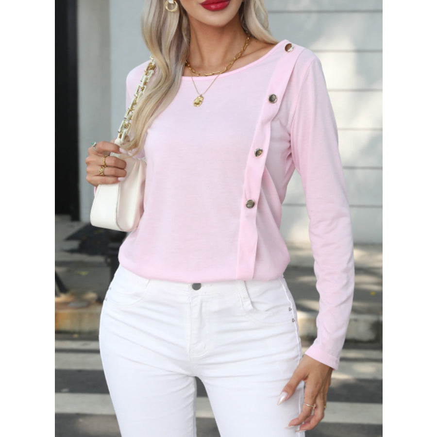 Decorative Button Round Neck Long Sleeve T - Shirt Apparel and Accessories