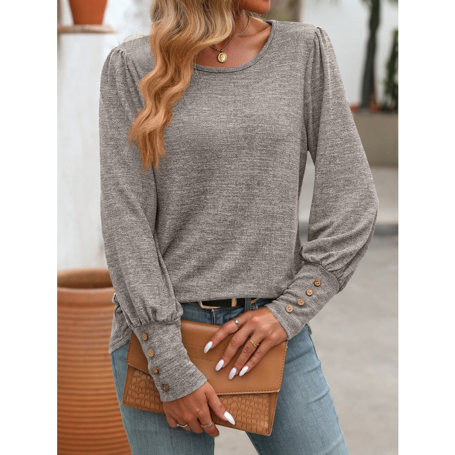 Decorative Button Round Neck Long Sleeve T-Shirt Apparel and Accessories
