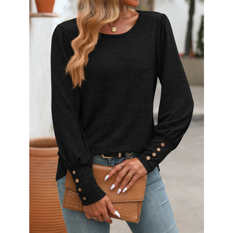 Decorative Button Round Neck Long Sleeve T-Shirt Apparel and Accessories