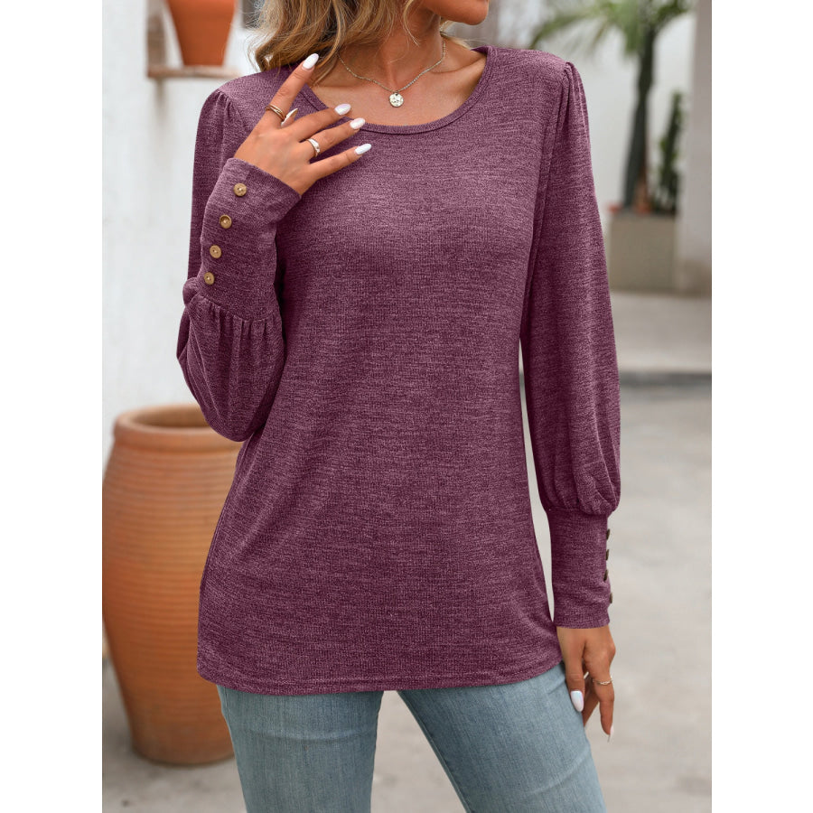 Decorative Button Round Neck Long Sleeve T-Shirt Apparel and Accessories