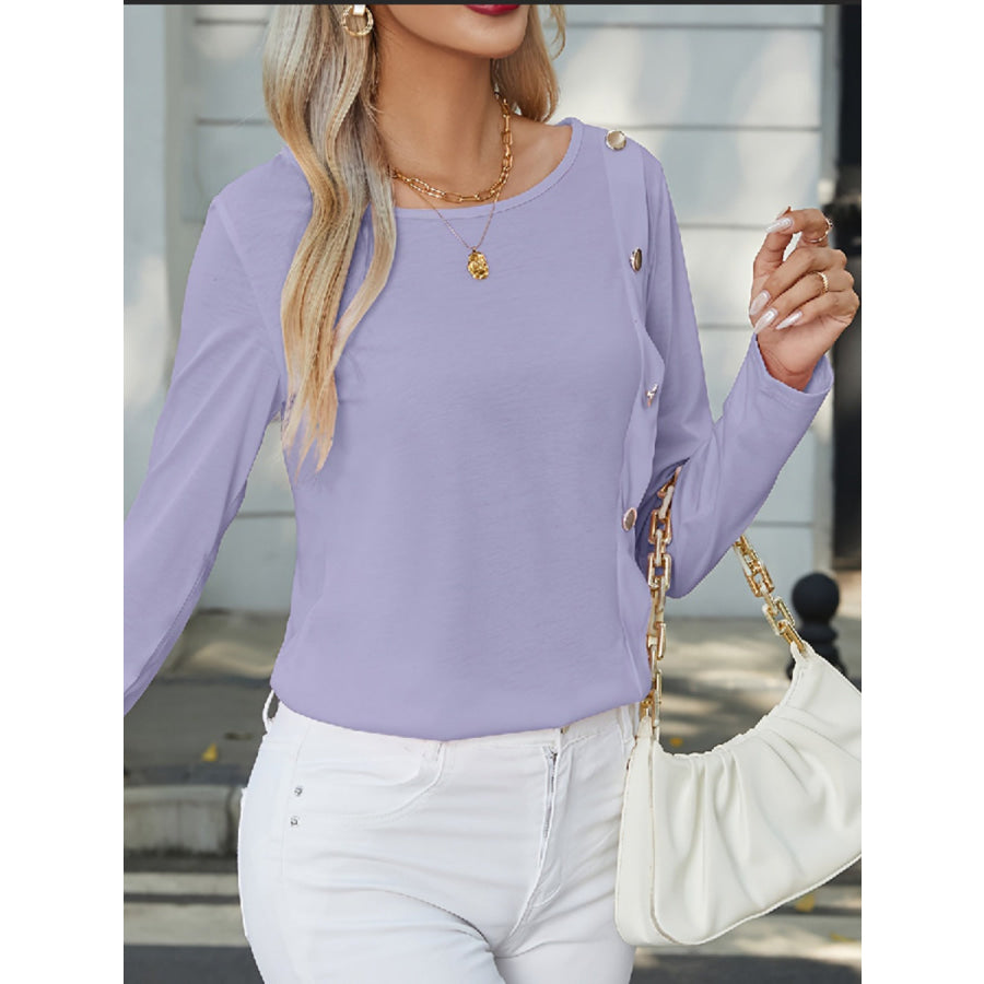 Decorative Button Round Neck Long Sleeve T - Shirt Apparel and Accessories