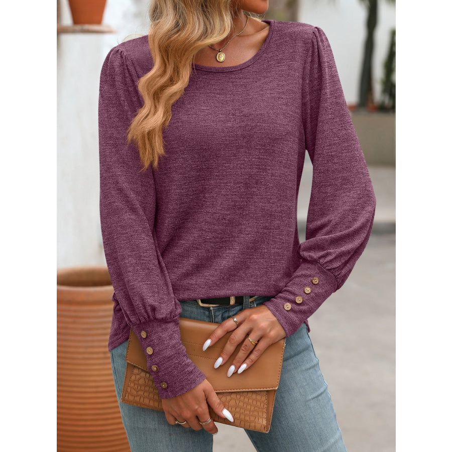 Decorative Button Round Neck Long Sleeve T-Shirt Apparel and Accessories