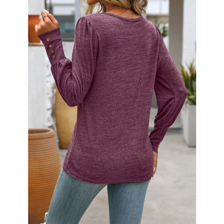 Decorative Button Round Neck Long Sleeve T-Shirt Apparel and Accessories