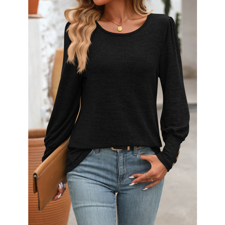 Decorative Button Round Neck Long Sleeve T-Shirt Black / S Apparel and Accessories