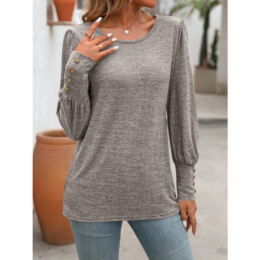Decorative Button Round Neck Long Sleeve T-Shirt Gray / S Apparel and Accessories