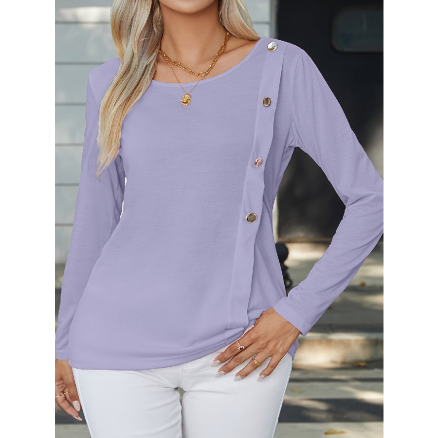 Decorative Button Round Neck Long Sleeve T - Shirt Lavender / S Apparel and Accessories