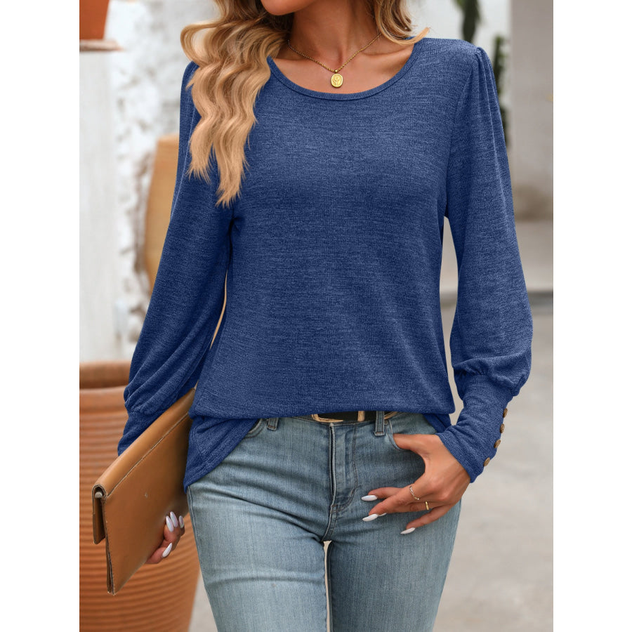 Decorative Button Round Neck Long Sleeve T-Shirt Navy / S Apparel and Accessories