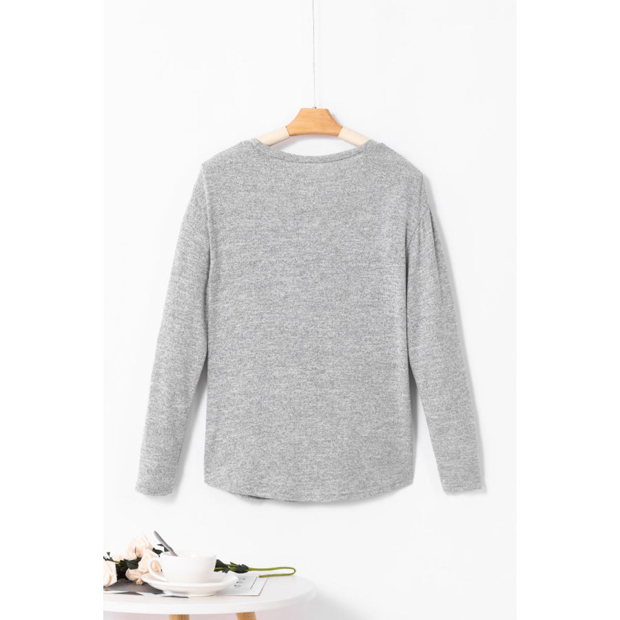 Decorative Button Round Neck Long Sleeve Top Apparel and Accessories