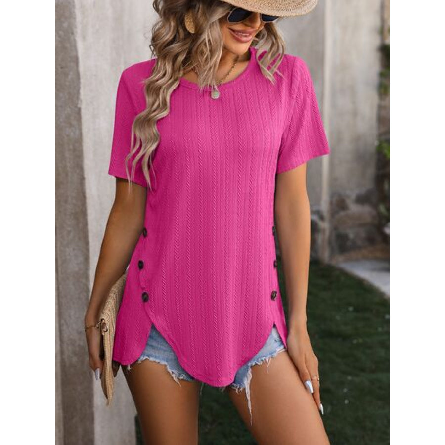 Decorative Button Round Neck Short Sleeve Blouse Apparel and Accessories