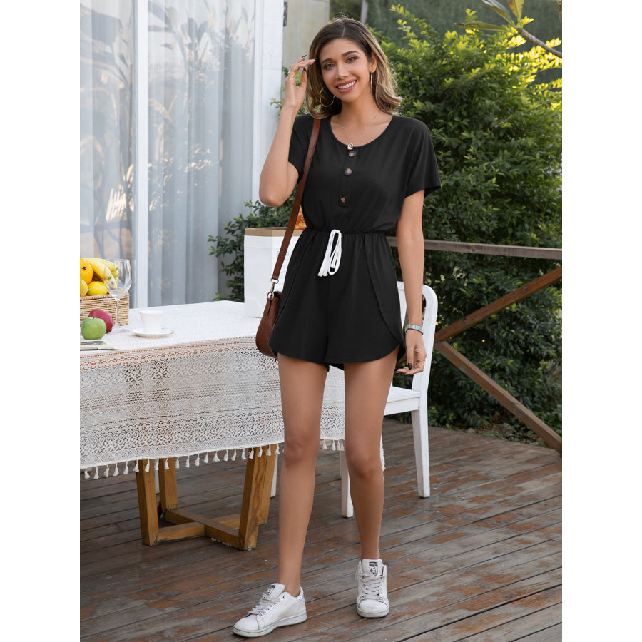 Decorative Button Round Neck Short Sleeve Romper Black / S
