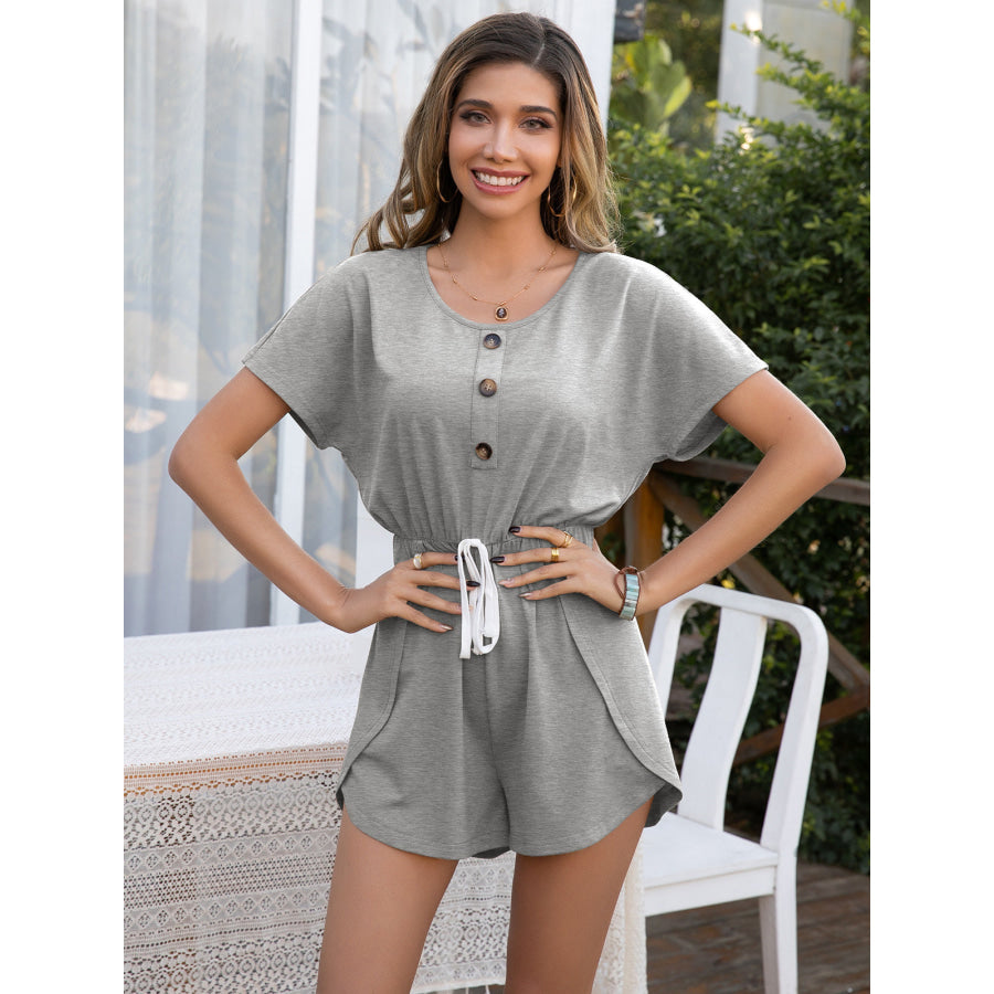Decorative Button Round Neck Short Sleeve Romper Heather Gray / S
