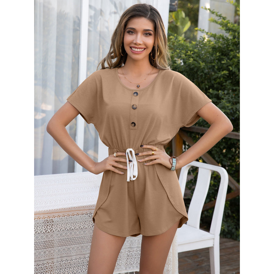 Decorative Button Round Neck Short Sleeve Romper Khaki / S