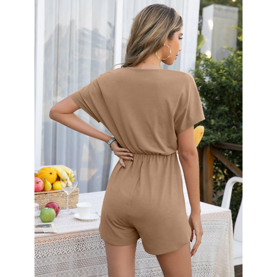Decorative Button Round Neck Short Sleeve Romper
