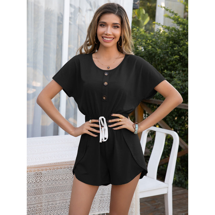 Decorative Button Round Neck Short Sleeve Romper