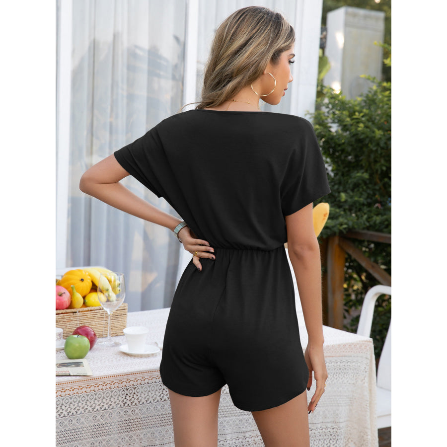 Decorative Button Round Neck Short Sleeve Romper Black / S