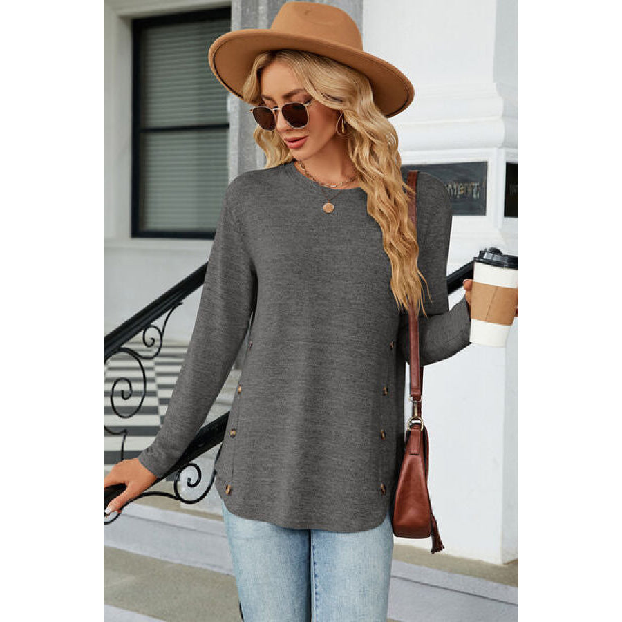 Decorative Button Round Neck T - Shirt Apparel and Accessories