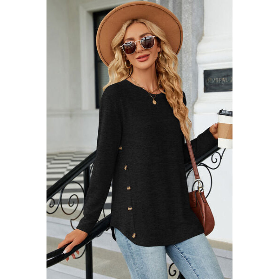 Decorative Button Round Neck T - Shirt Apparel and Accessories