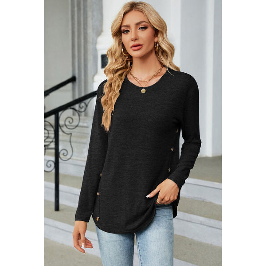 Decorative Button Round Neck T - Shirt Black / S Apparel and Accessories