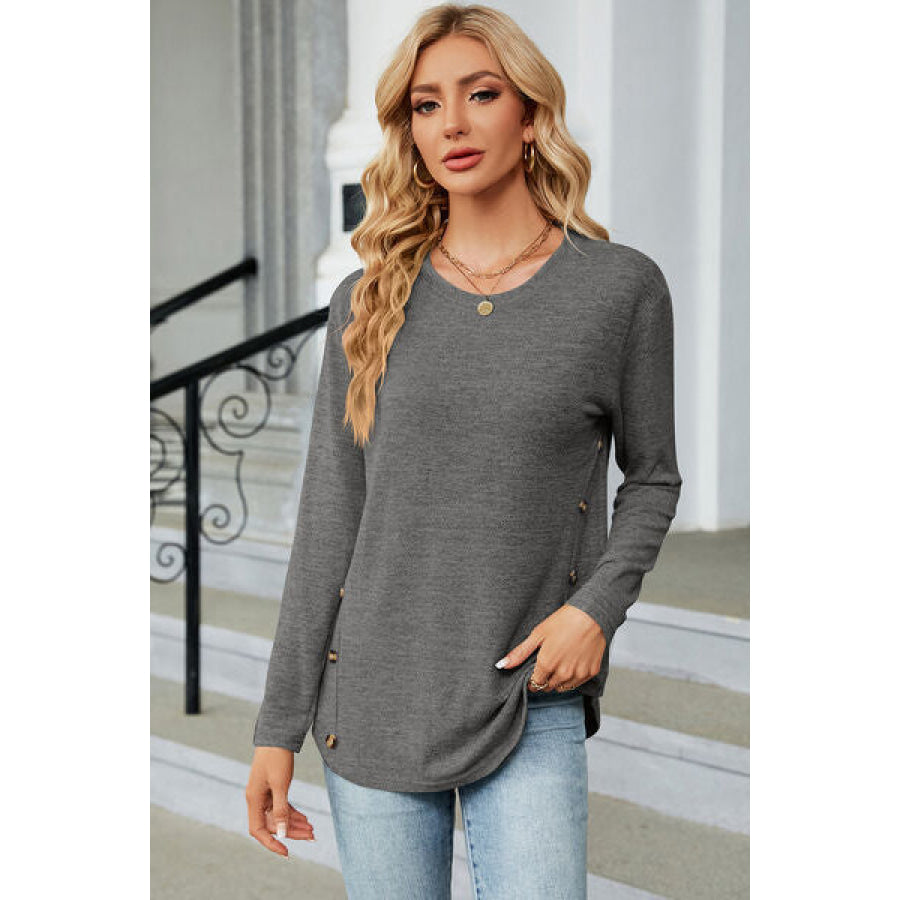 Decorative Button Round Neck T - Shirt Charcoal / S Apparel and Accessories