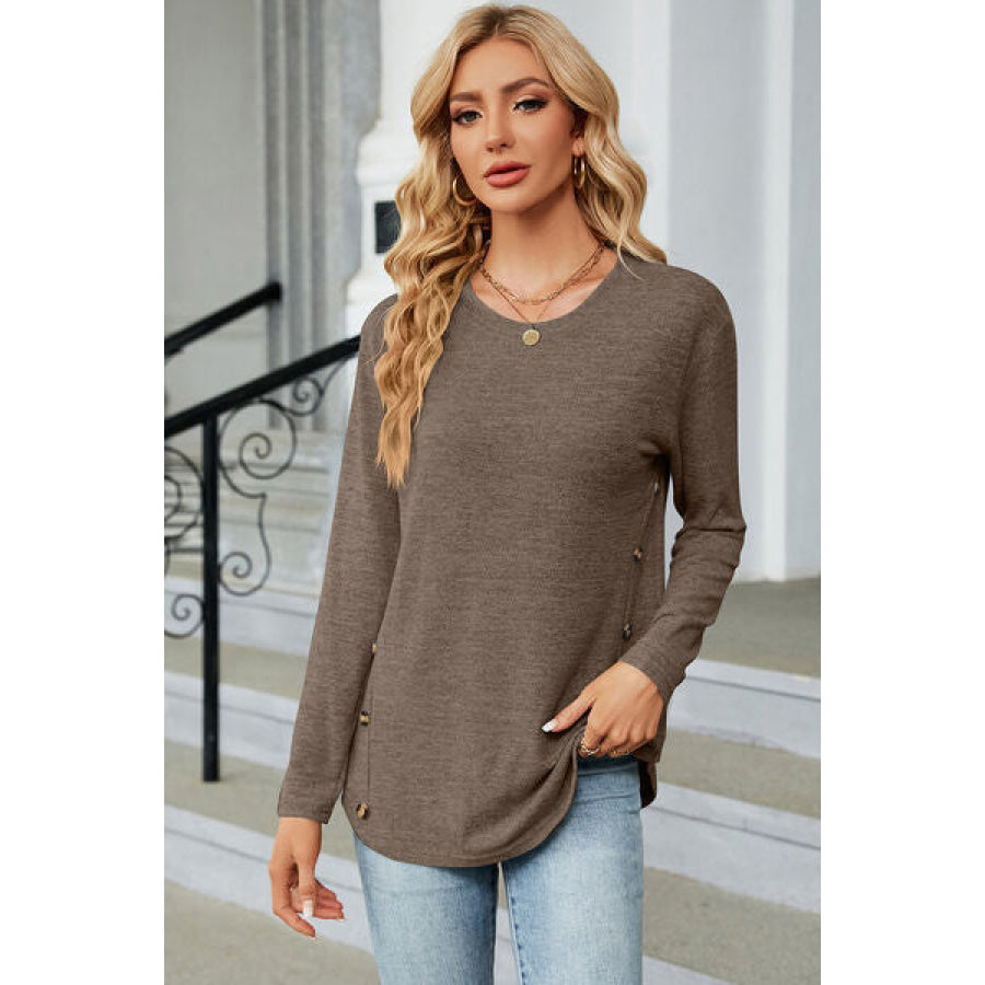 Decorative Button Round Neck T - Shirt Coffee Brown / S Apparel and Accessories