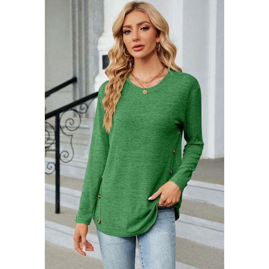 Decorative Button Round Neck T - Shirt Mid Green / S Apparel and Accessories
