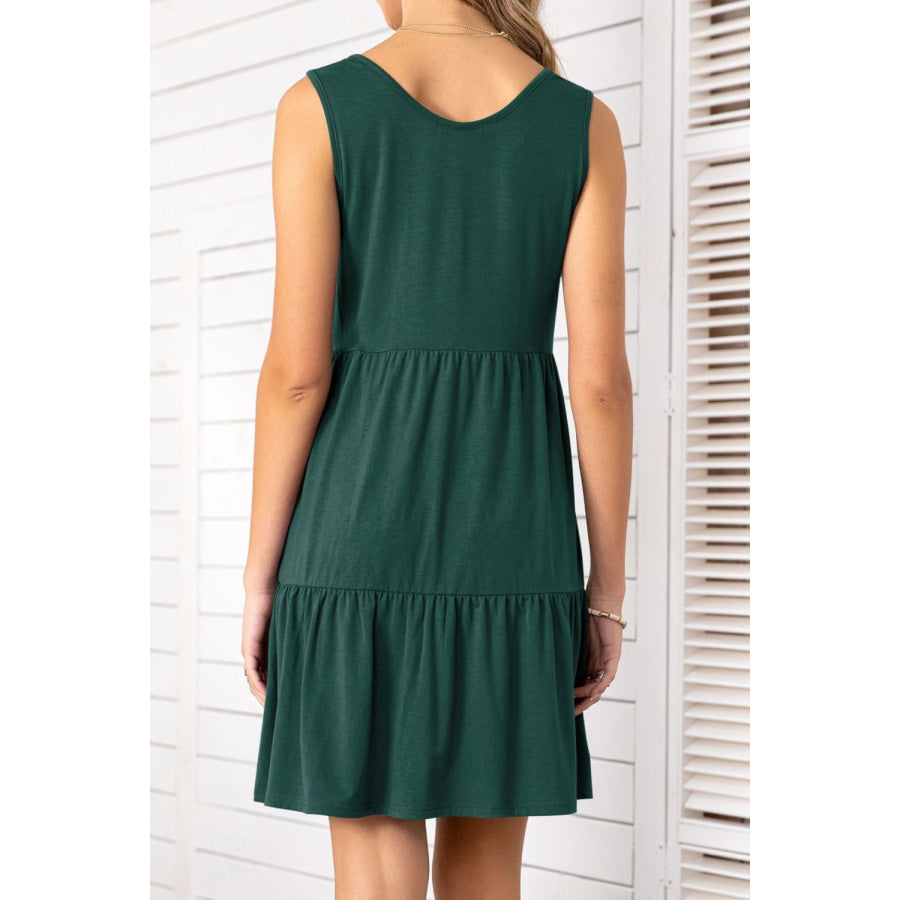 Decorative Button Scoop Neck Sleeveless Tiered Dress
