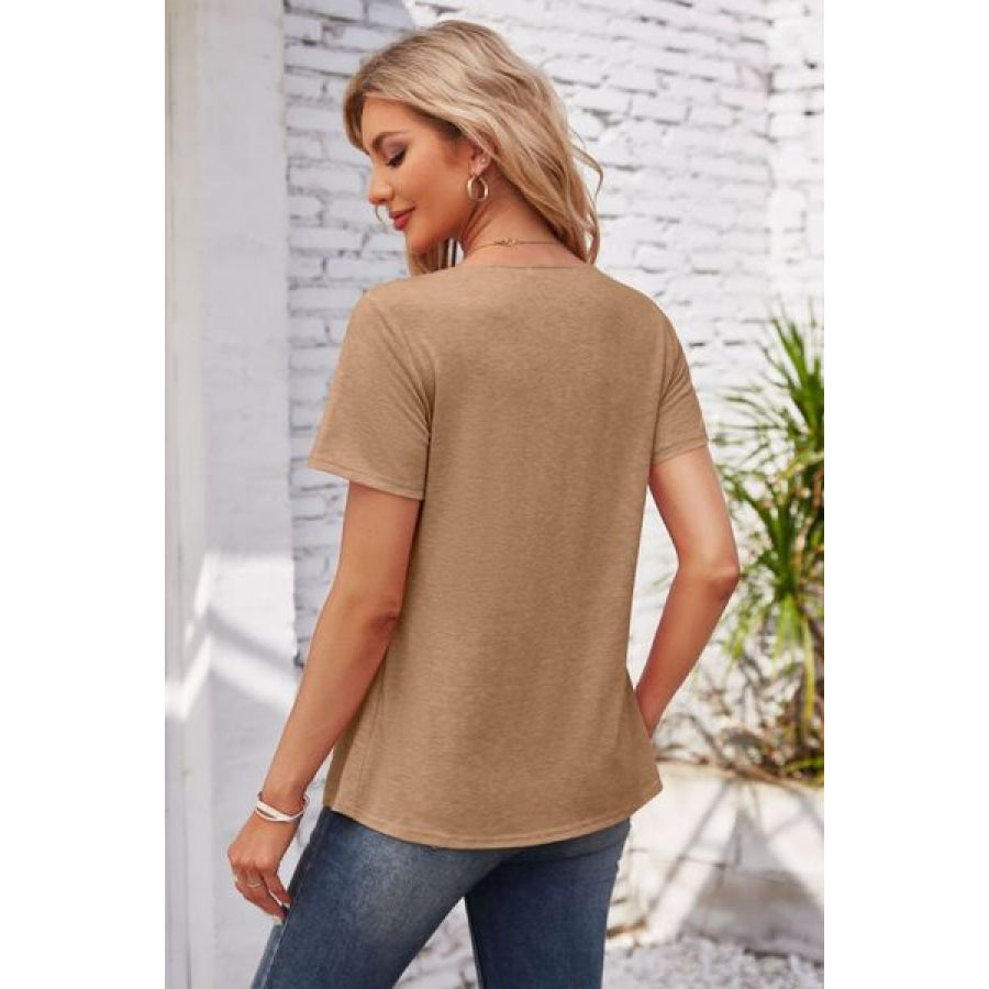 Decorative Button Scoop Neck T - Shirt Apparel and Accessories