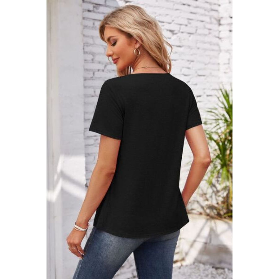 Decorative Button Scoop Neck T - Shirt Apparel and Accessories