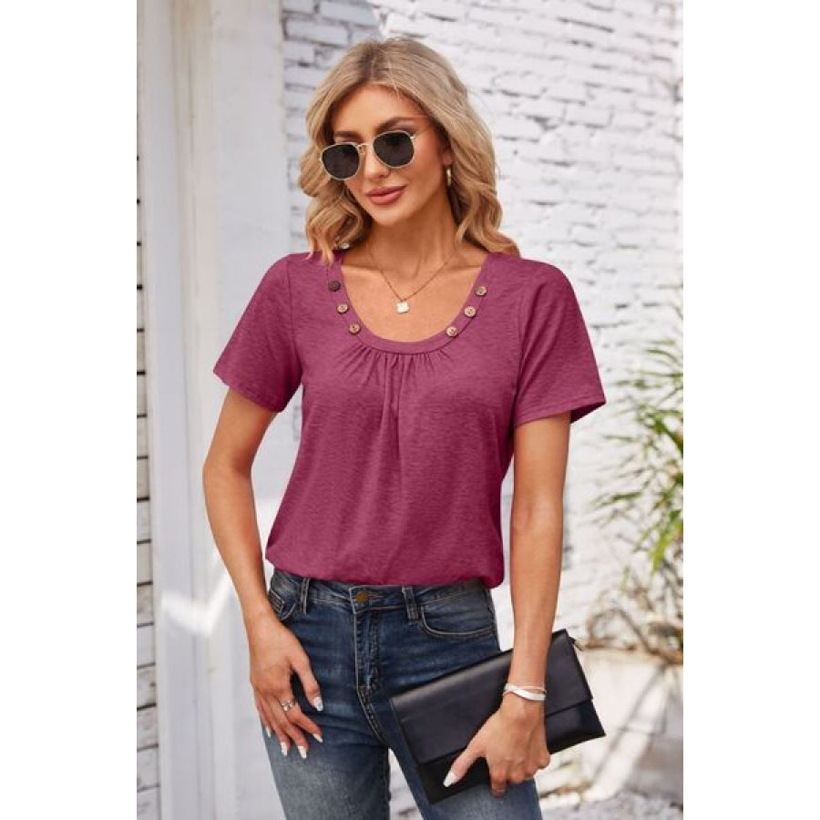 Decorative Button Scoop Neck T - Shirt Apparel and Accessories