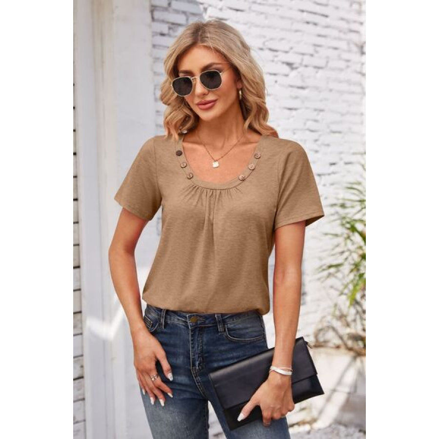 Decorative Button Scoop Neck T - Shirt Apparel and Accessories