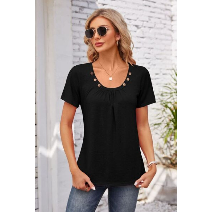 Decorative Button Scoop Neck T - Shirt Black / S Apparel and Accessories