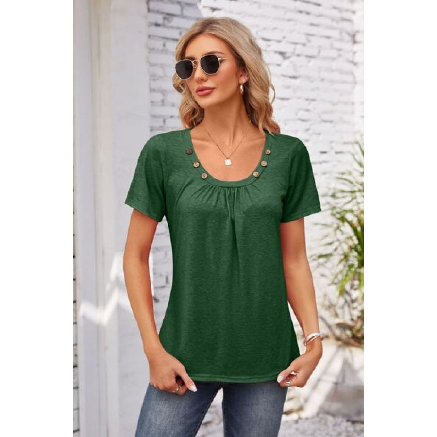 Decorative Button Scoop Neck T - Shirt Green / S Apparel and Accessories