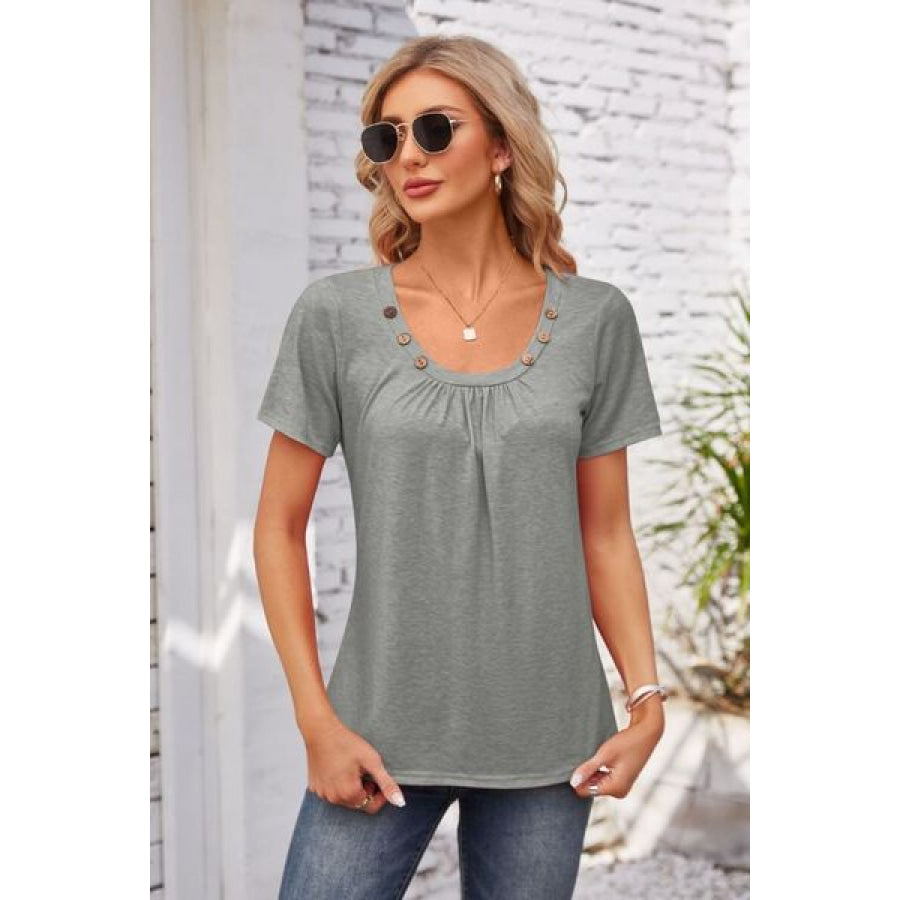 Decorative Button Scoop Neck T - Shirt Heather Gray / S Apparel and Accessories