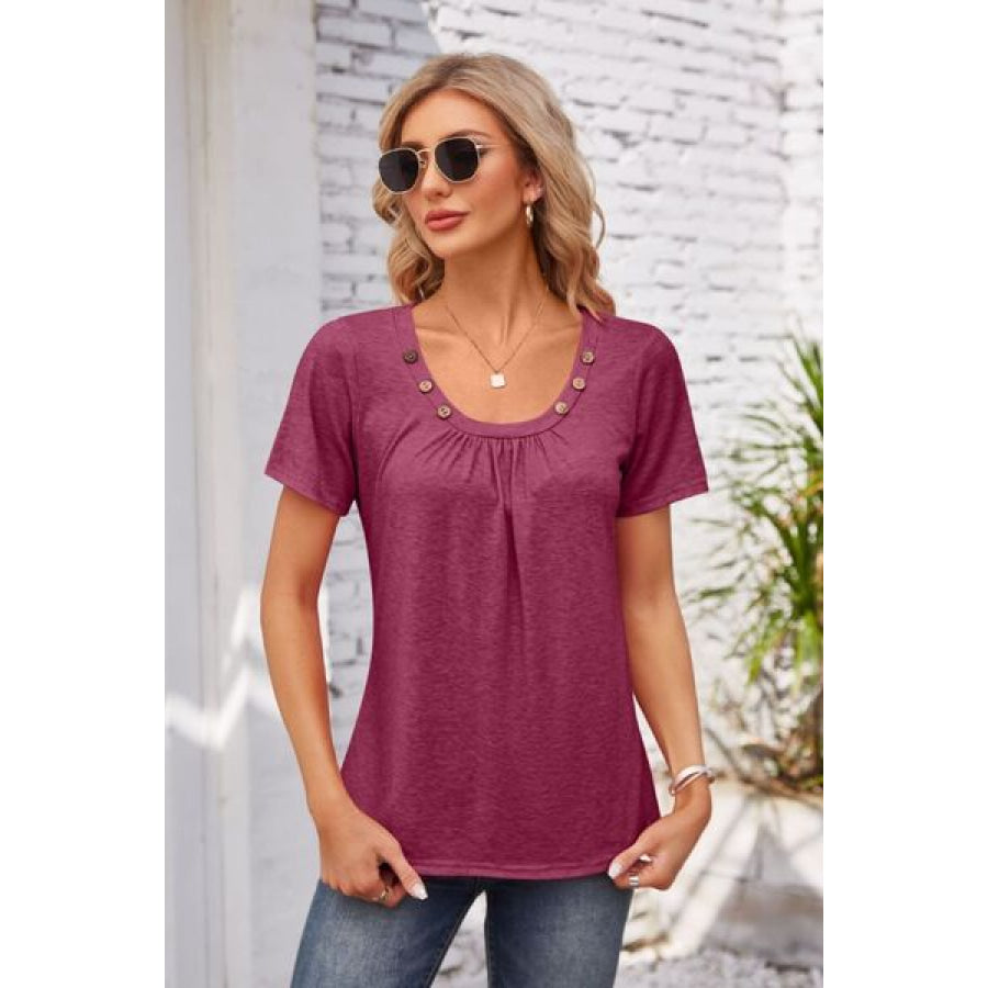 Decorative Button Scoop Neck T - Shirt Magenta / S Apparel and Accessories