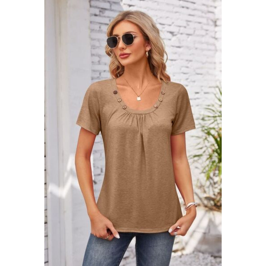 Decorative Button Scoop Neck T - Shirt Mocha / S Apparel and Accessories