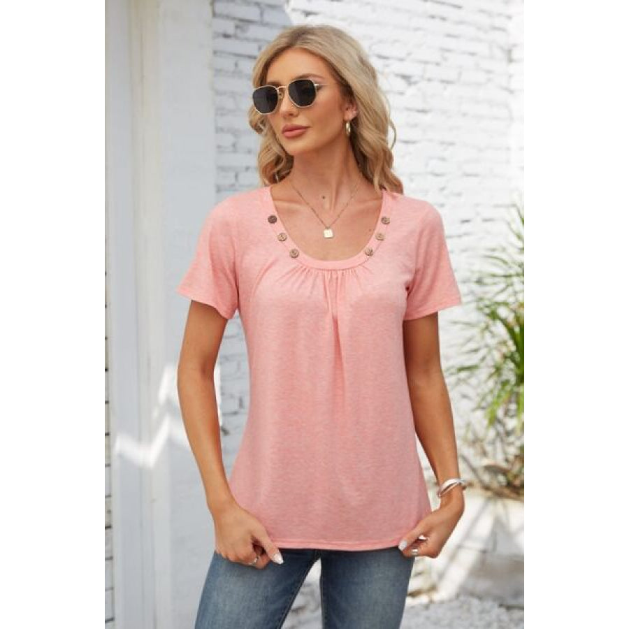 Decorative Button Scoop Neck T - Shirt Peach / S Apparel and Accessories