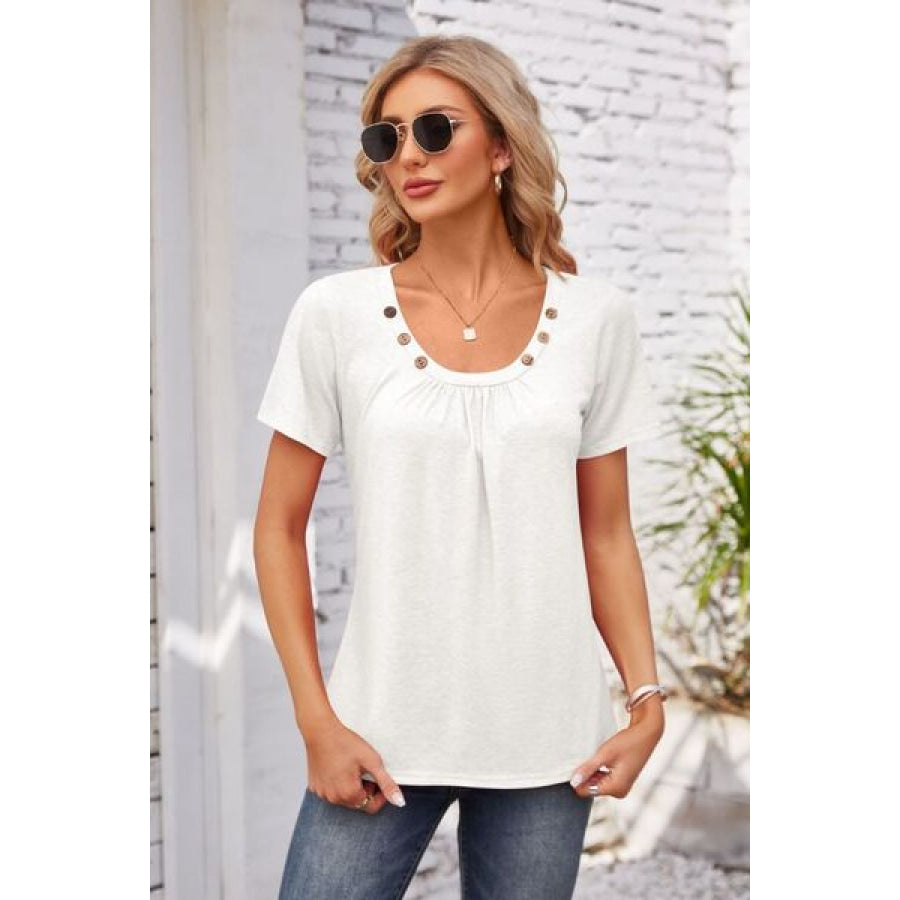 Decorative Button Scoop Neck T - Shirt White / S Apparel and Accessories