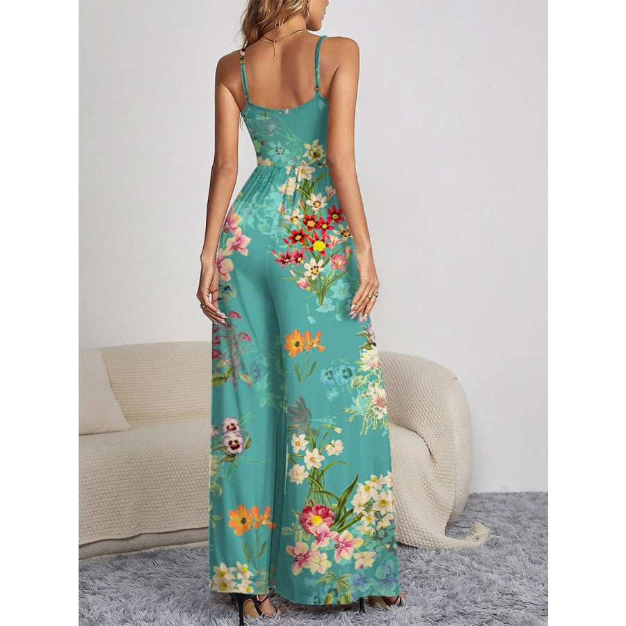Decorative Button Spaghetti Strap Wide Leg Jumpsuit Apparel and Accessories