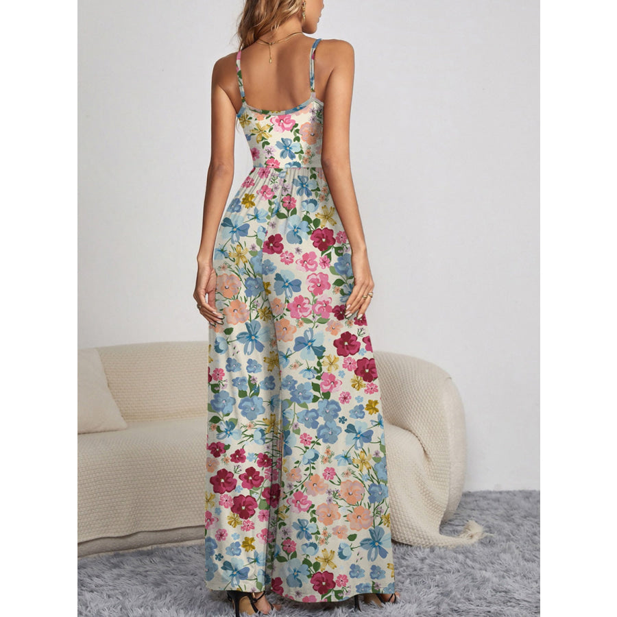 Decorative Button Spaghetti Strap Wide Leg Jumpsuit Floral / S Apparel and Accessories