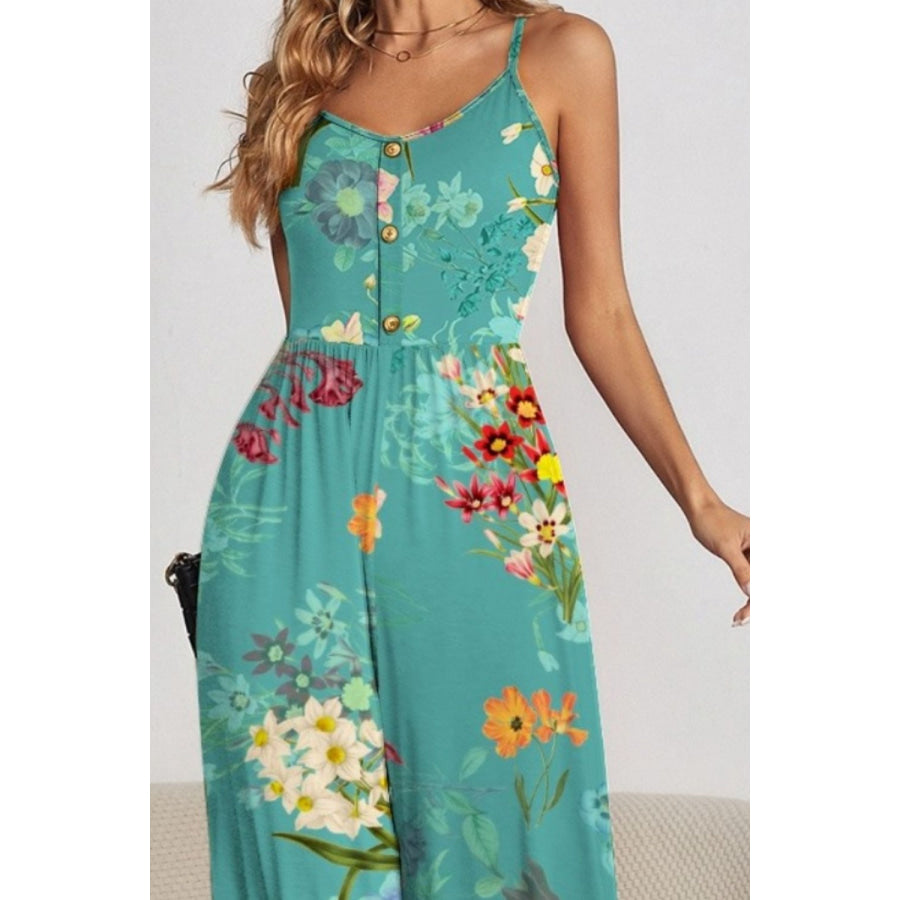 Decorative Button Spaghetti Strap Wide Leg Jumpsuit Apparel and Accessories