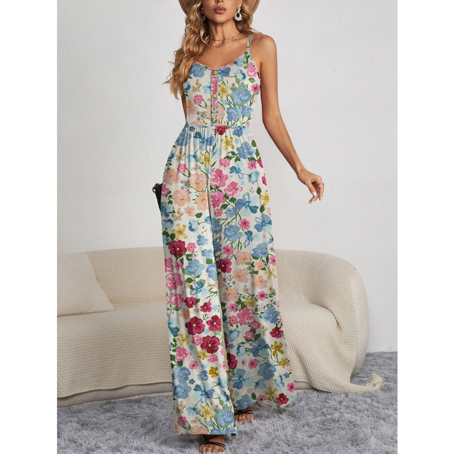 Decorative Button Spaghetti Strap Wide Leg Jumpsuit Floral / S Apparel and Accessories