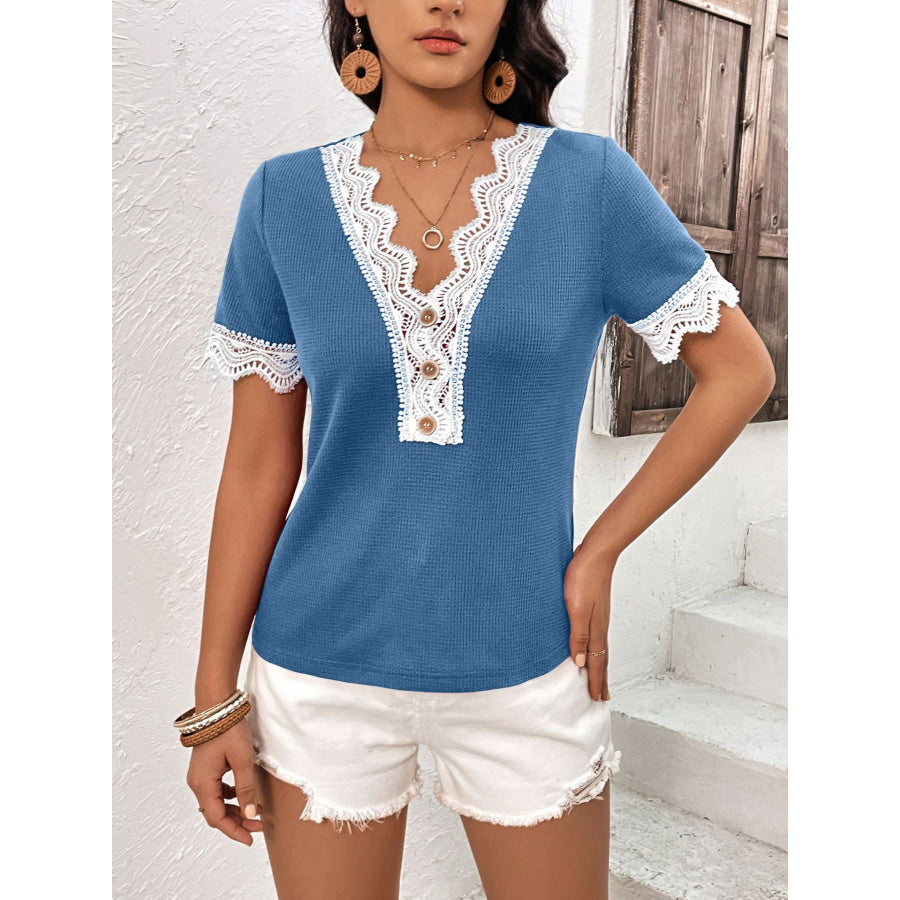 Decorative Button Spliced Lace Short Sleeve Top
