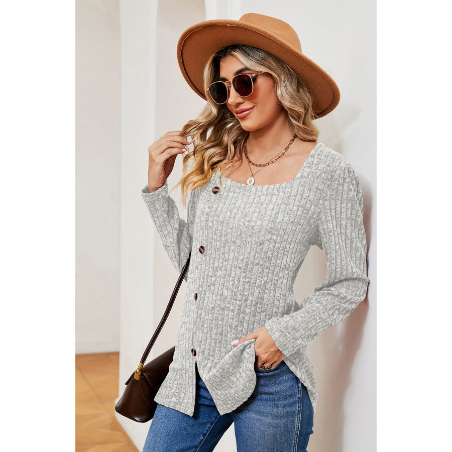 Decorative Button Square Neck T - Shirt Apparel and Accessories