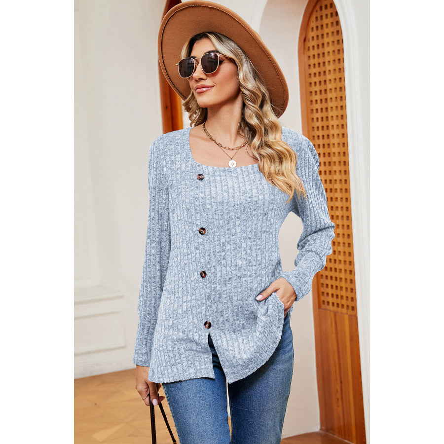 Decorative Button Square Neck T - Shirt Apparel and Accessories