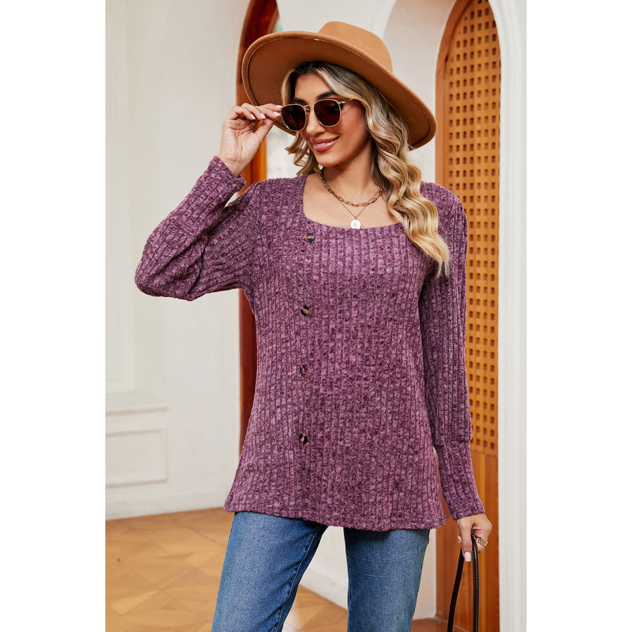 Decorative Button Square Neck T - Shirt Apparel and Accessories