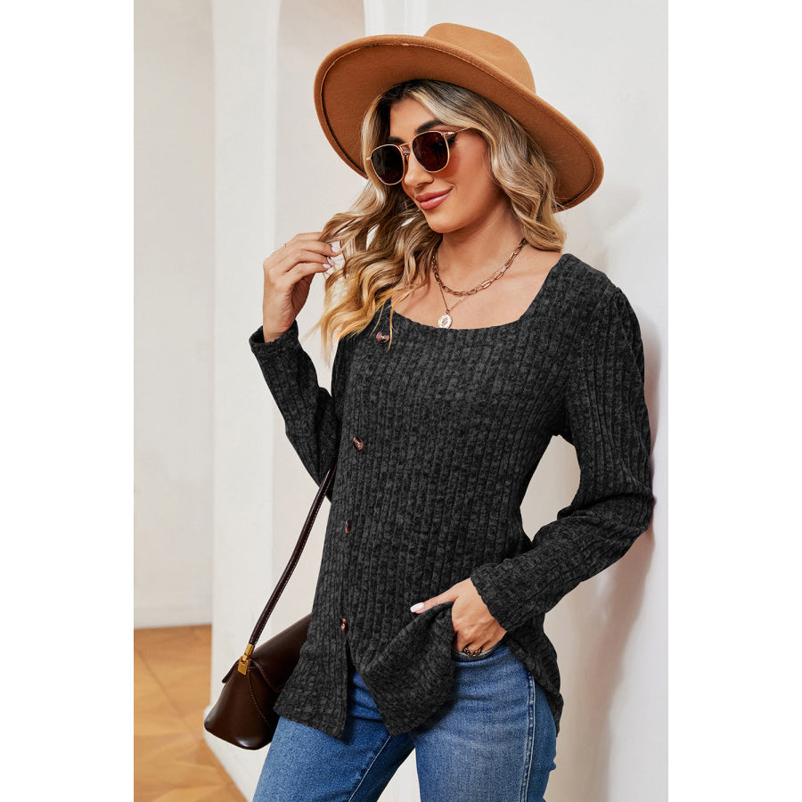 Decorative Button Square Neck T - Shirt Apparel and Accessories