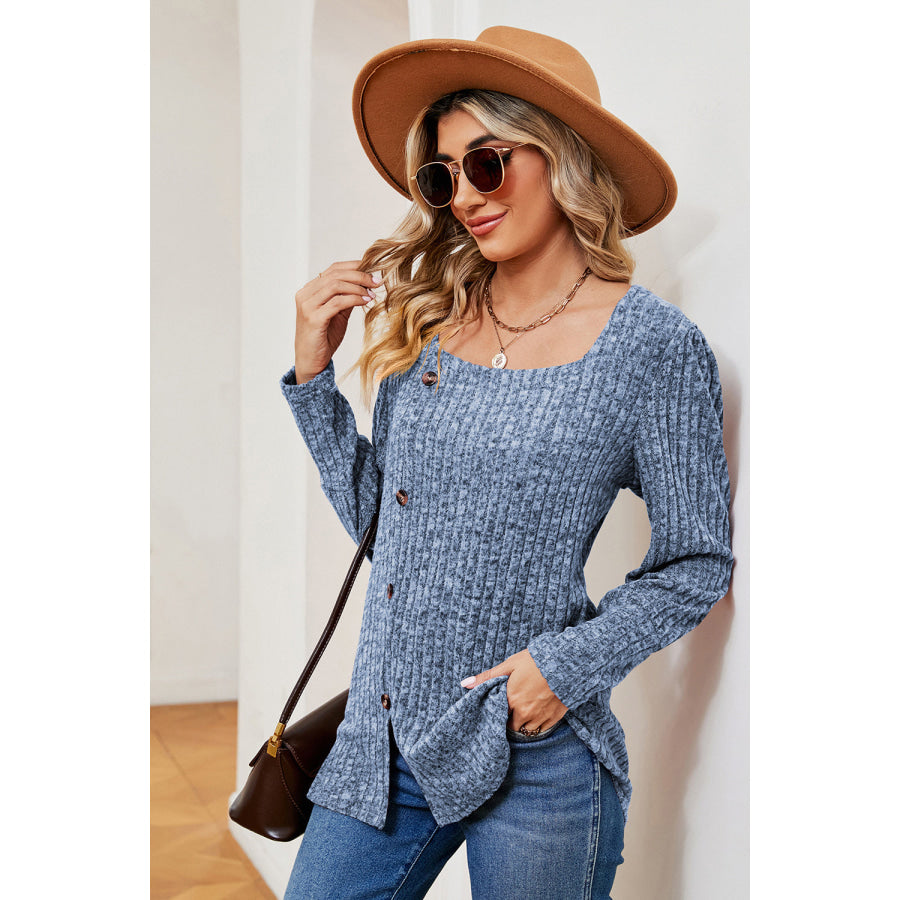 Decorative Button Square Neck T - Shirt Apparel and Accessories