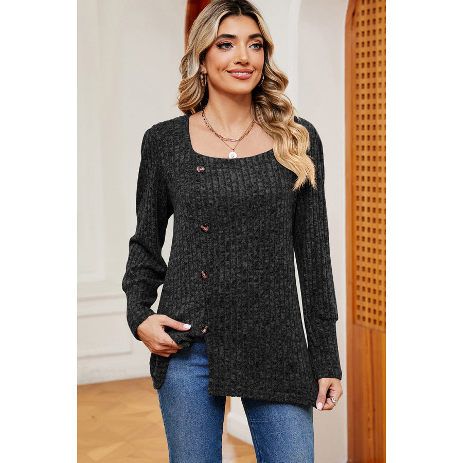 Decorative Button Square Neck T - Shirt Black / S Apparel and Accessories