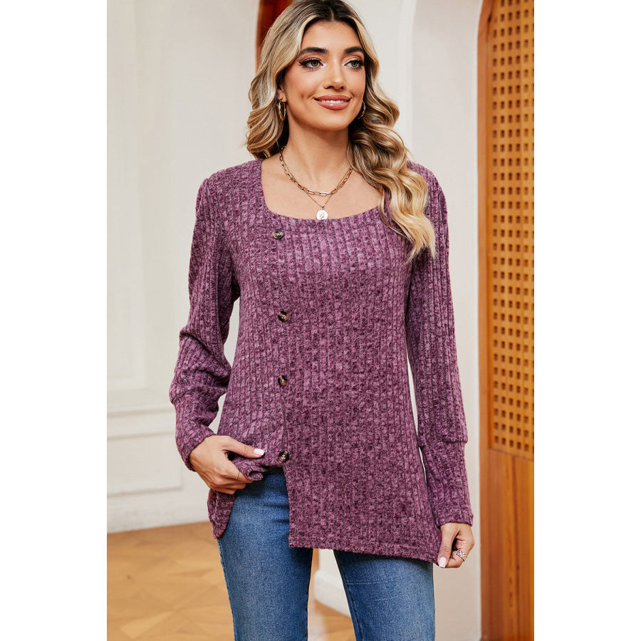 Decorative Button Square Neck T - Shirt Fuchsia / S Apparel and Accessories